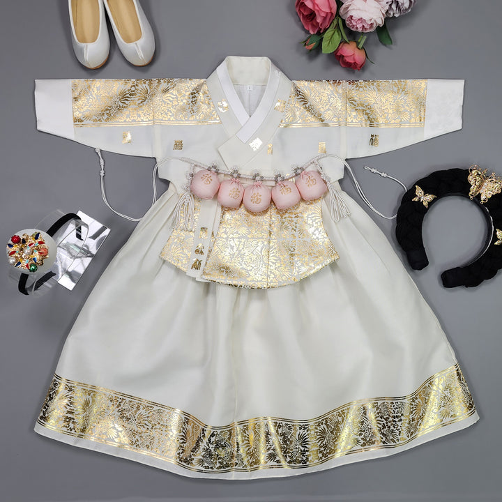Korea Traditional Hanbok Girl Baby White Gold Print Baikil 1–10 Years 1st Birthday Party GOG104