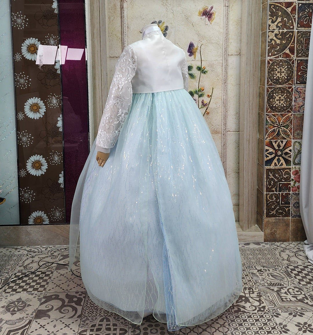 Korean Traditional Woman Personal Custom Hanbok Wedding Party Ceremony White Lace Bead Blue Skirt 147