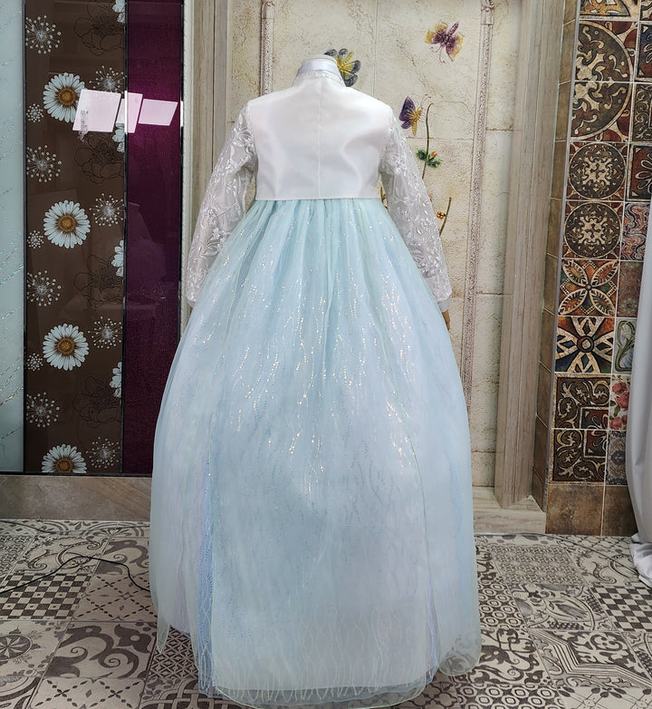 Korean Traditional Woman Personal Custom Hanbok Wedding Party Ceremony White Lace Bead Blue Skirt 147