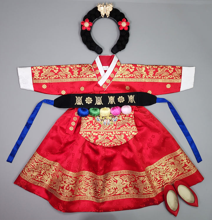 Hanbok Girl Baby Korea Traditional Clothing Set First Birthday Celebration Party Celebration 1–10 Years Red Skirt Gold Print HG130