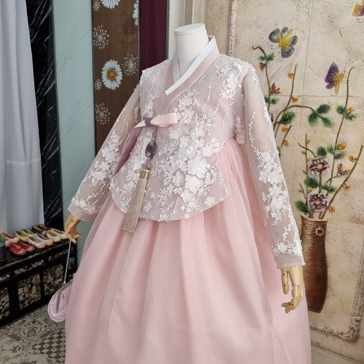 Korean Traditional Woman Personal Custom Hanbok Wedding Party Ceremony Lovely Pink Lace Hanbok Skirt Mom Grandmom Hanbok OSW135