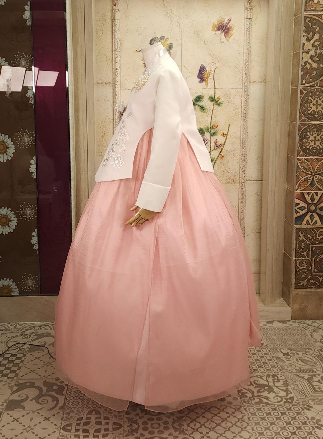 Korean Traditional Woman Personal Custom Hanbok Wedding Party Ceremony Ivory Embroidery Peach Skirt Hanbok 143