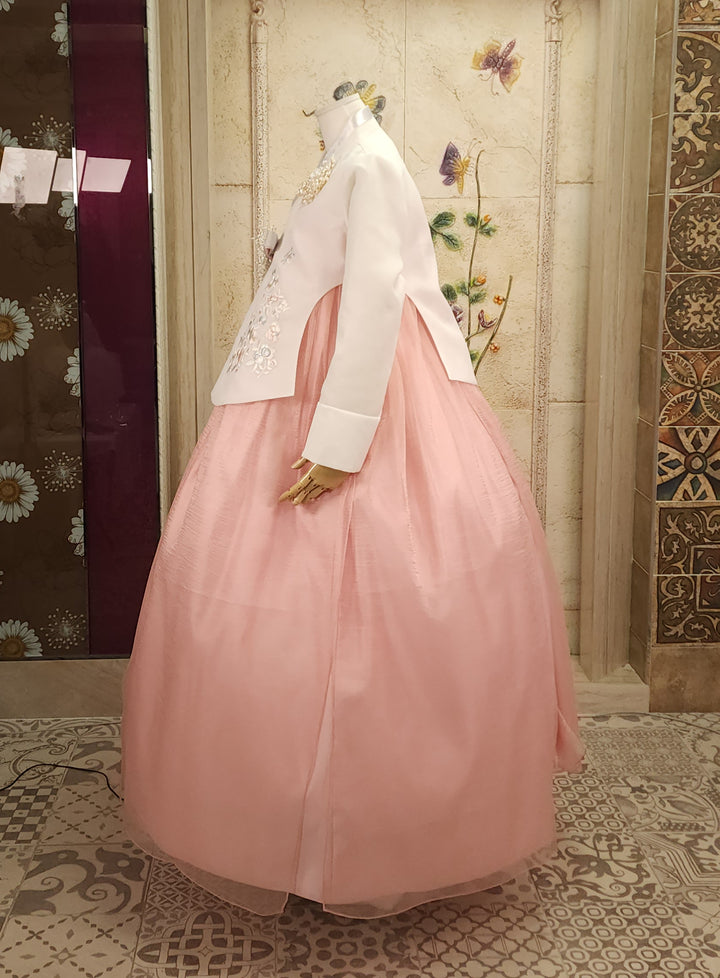 Korean Traditional Woman Personal Custom Hanbok Wedding Party Ceremony Ivory Embroidery Peach Skirt Hanbok 143