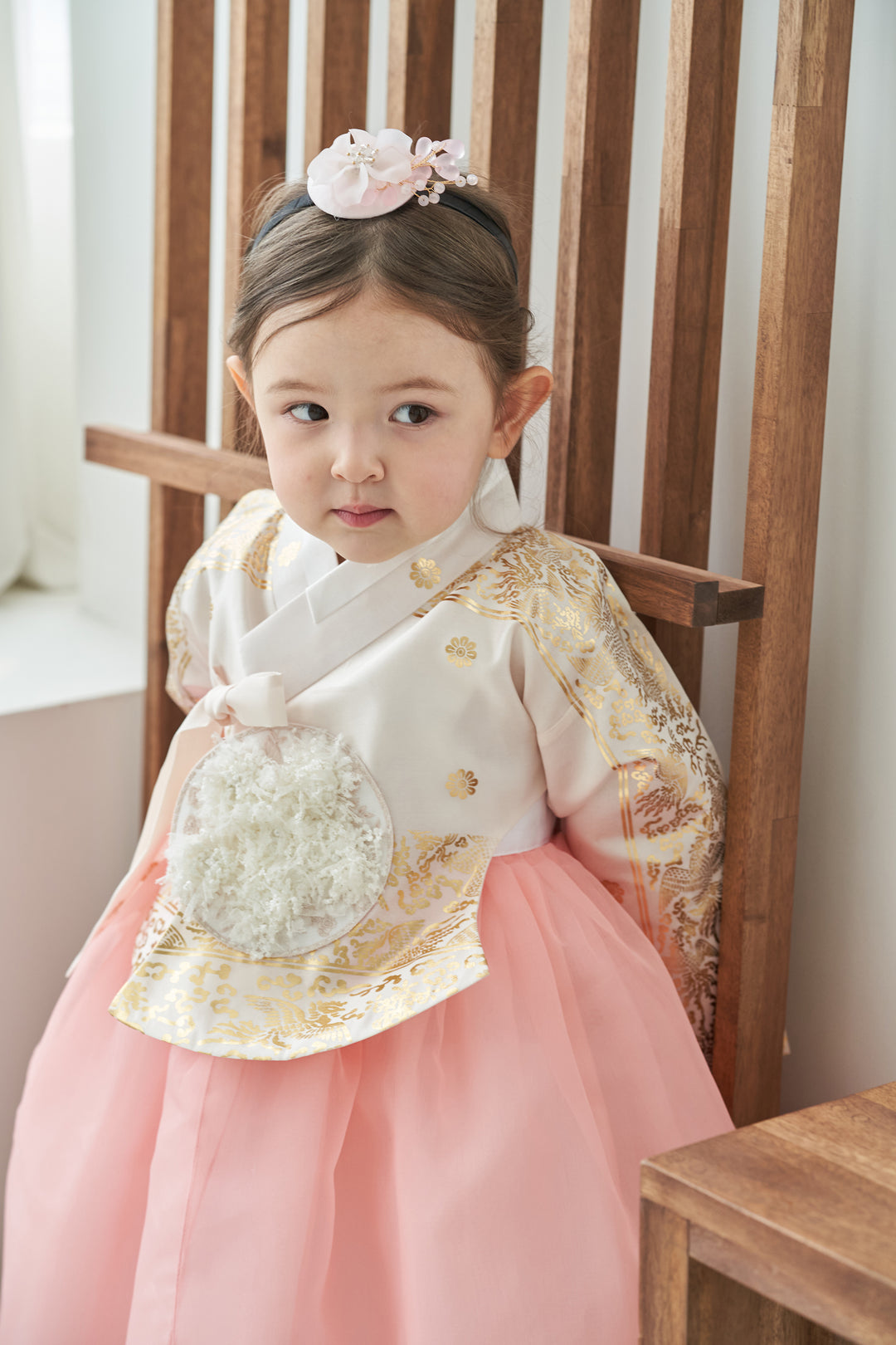 Hanbok Dress Girl Baby Korea Traditional Clothing Set First Birthday Celebration Party Celebration 1–8 Years Ivory Pink Fancy Gold Print OS106