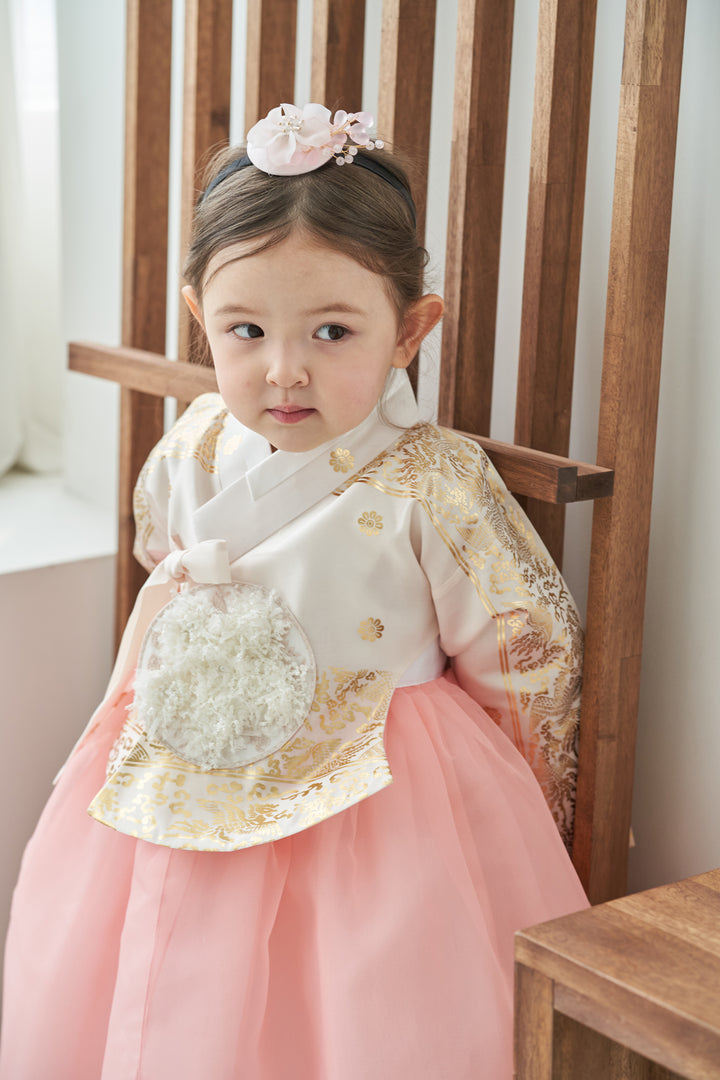 Hanbok Dress Girl Baby Korea Traditional Clothing Set First Birthday Celebration Party Celebration 1–8 Years Ivory Pink Fancy Gold Print OS106