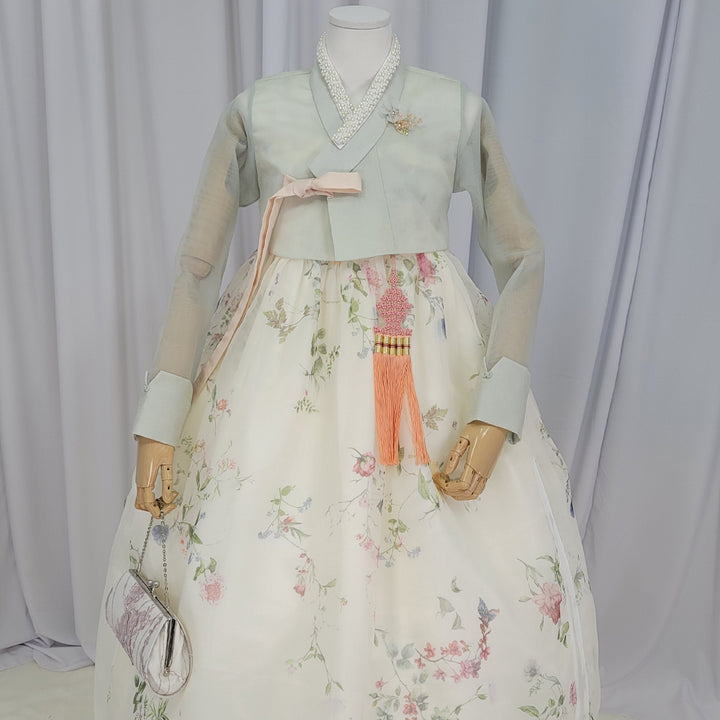Woman Hanbok Dress Korea Traditional clothes Set Wedding Ceremony Birthday Custom-Made Mint See-through OSW902