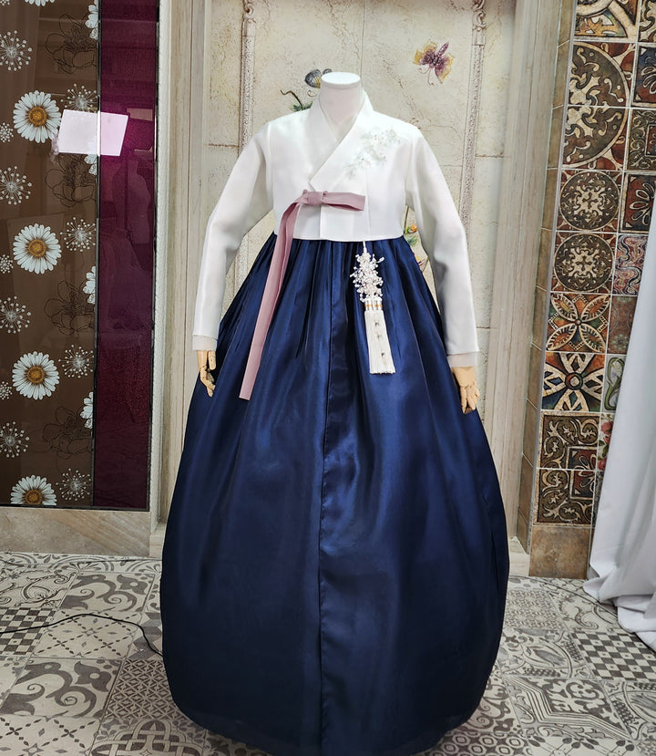 Korean Traditional Woman Personal Custom Hanbok Wedding Party Ceremony Ivory Navy Hanbok OSW007