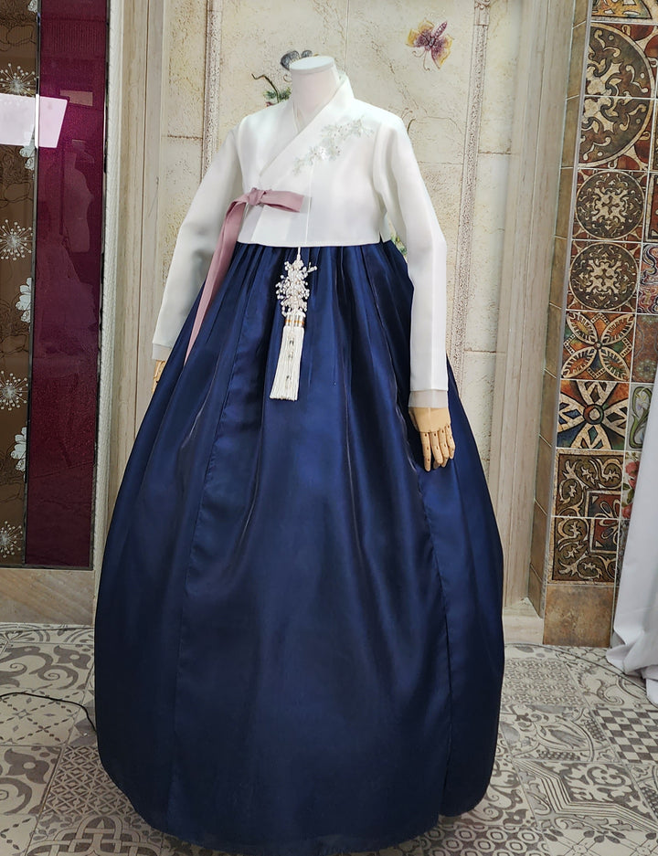Korean Traditional Woman Personal Custom Hanbok Wedding Party Ceremony Ivory Navy Hanbok OSW007