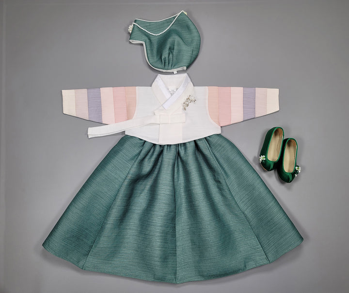 Hanbok Dress Girl Baby Korea Traditional Clothing Set First Birthday Celebration Party 100th Birth1–15 years White Green HG156