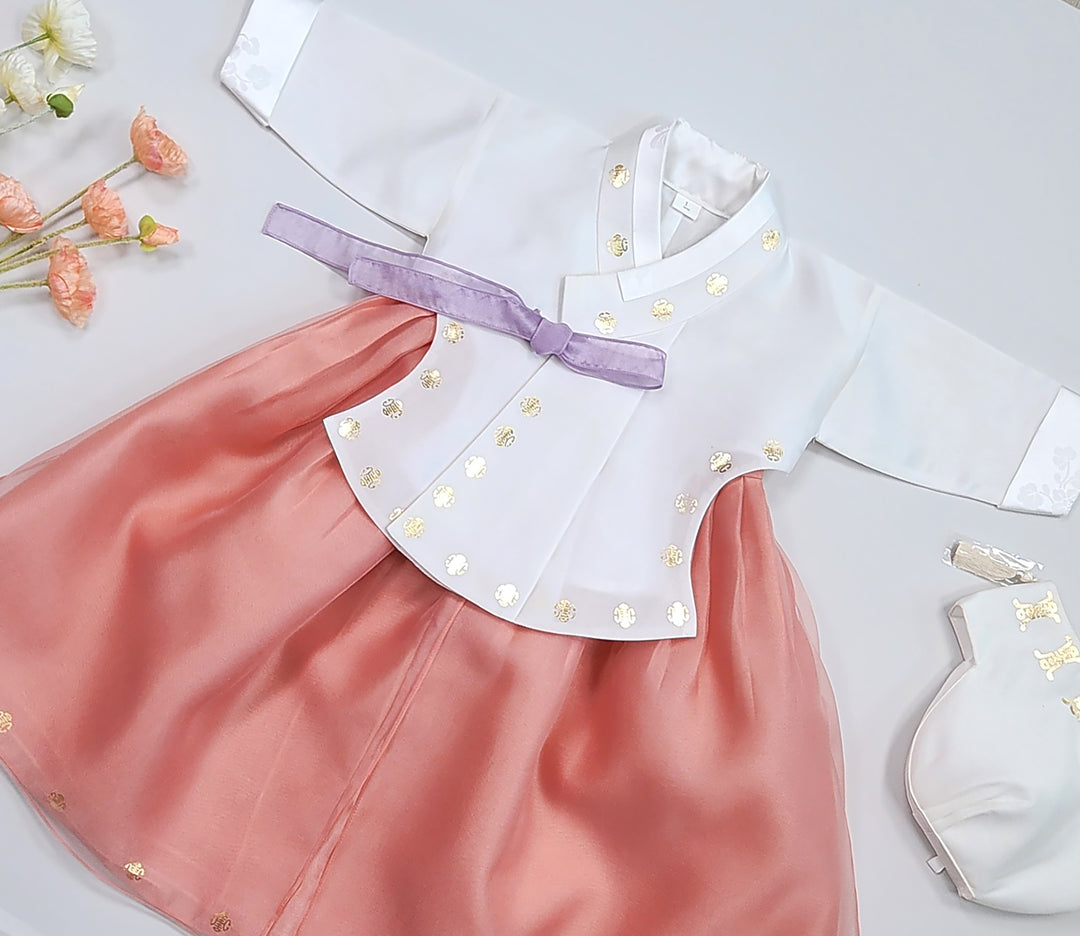 Korea Traditional Hanbok Girl Baby White Gold Print Baikil 1–10 Years 1st Birthday Party GOG208