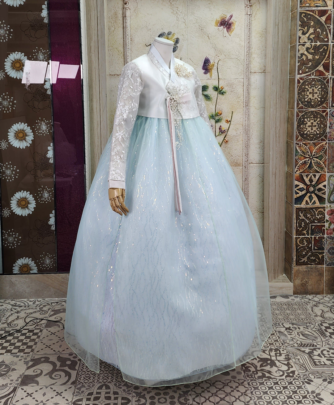 Korean Traditional Woman Personal Custom Hanbok Wedding Party Ceremony White Lace Bead Blue Skirt 147