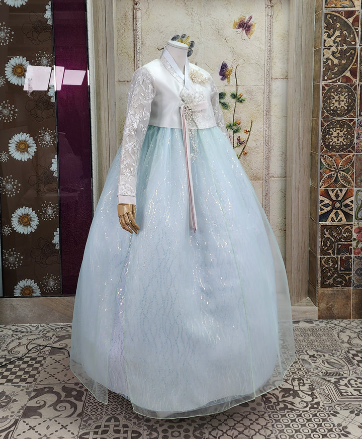 Korean Traditional Woman Personal Custom Hanbok Wedding Party Ceremony White Lace Bead Blue Skirt 147
