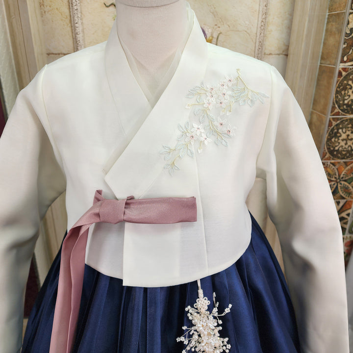 Korean Traditional Woman Personal Custom Hanbok Wedding Party Ceremony Ivory Navy Hanbok OSW007