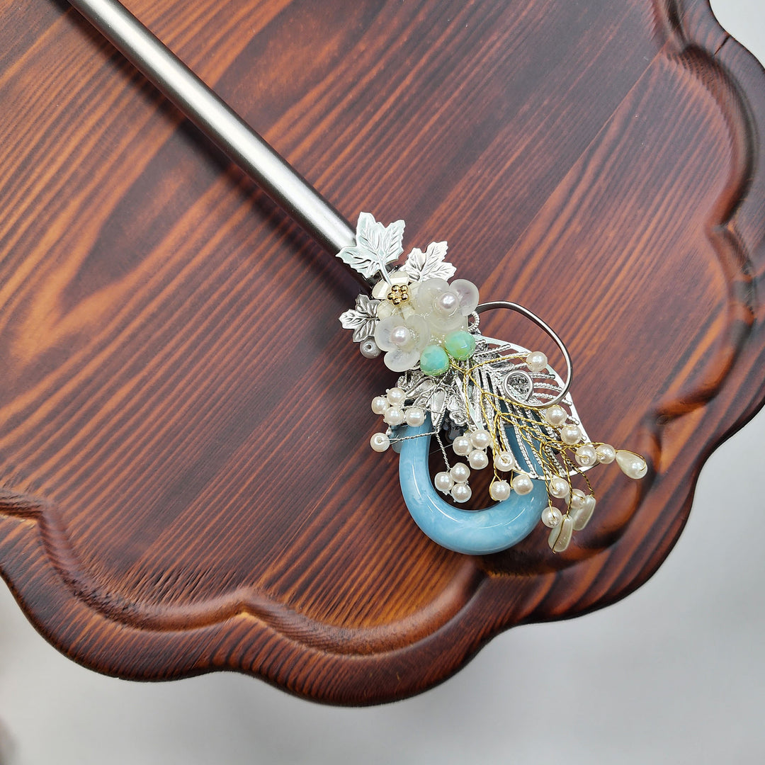 Korea Binyeo 비녀 Hair Accessory for Woman Hanbok Decoration Ornament Natural Stone Beads Flower 26 cm HB25