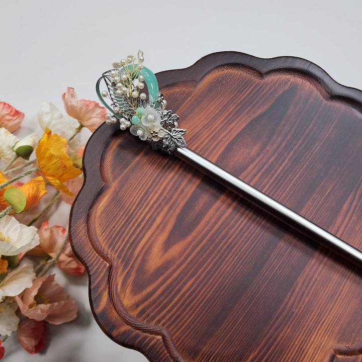Korea Binyeo 비녀 Hair Accessory for Woman Hanbok Decoration Ornament Natural Stone Beads Flower 26 cm HB25