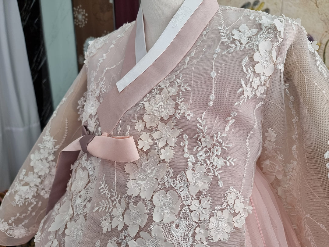 Korean Traditional Woman Personal Custom Hanbok Wedding Party Ceremony Lovely Pink Lace Hanbok Skirt Mom Grandmom Hanbok OSW135