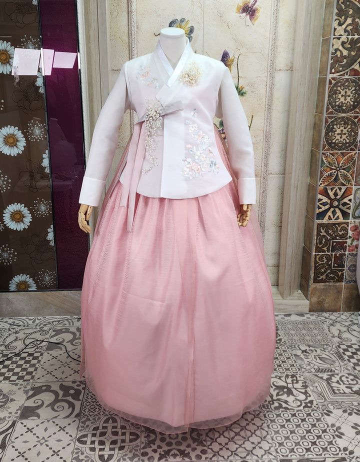 Korean Traditional Woman Personal Custom Hanbok Wedding Party Ceremony Ivory Embroidery Peach Skirt Hanbok 143