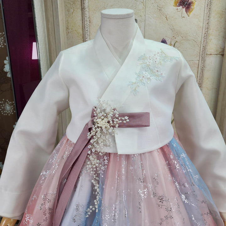 Korean Traditional Woman Personal Custom Hanbok Wedding Party Ceremony Ivory Embroidery Bead Rainbow Skirt Hanbok 146