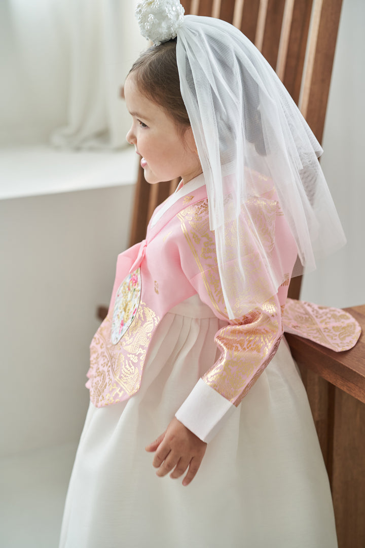 Hanbok Dress Girl Baby Korea Traditional Clothing Set First Birthday Celebration Party Celebration 1–8 Years Ivory Pink Fancy Gold Print OS107