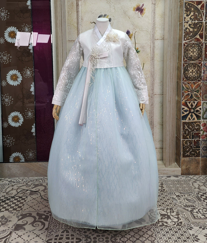 Korean Traditional Woman Personal Custom Hanbok Wedding Party Ceremony White Lace Bead Blue Skirt 147