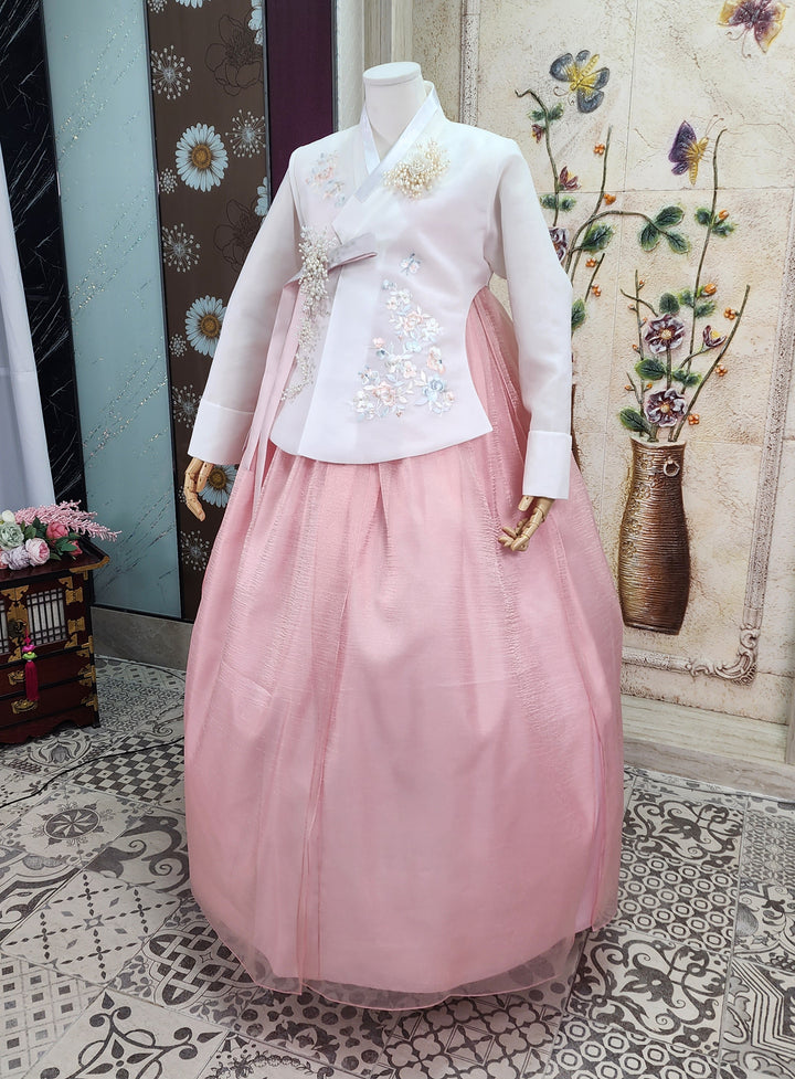 Korean Traditional Woman Personal Custom Hanbok Wedding Party Ceremony Ivory Embroidery Peach Skirt Hanbok 143
