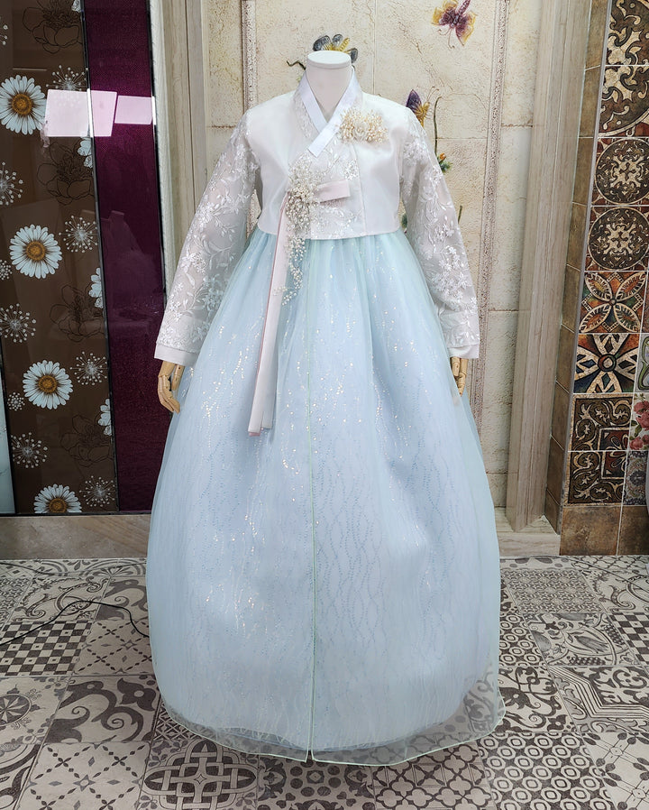 Korean Traditional Woman Personal Custom Hanbok Wedding Party Ceremony White Lace Bead Blue Skirt 147