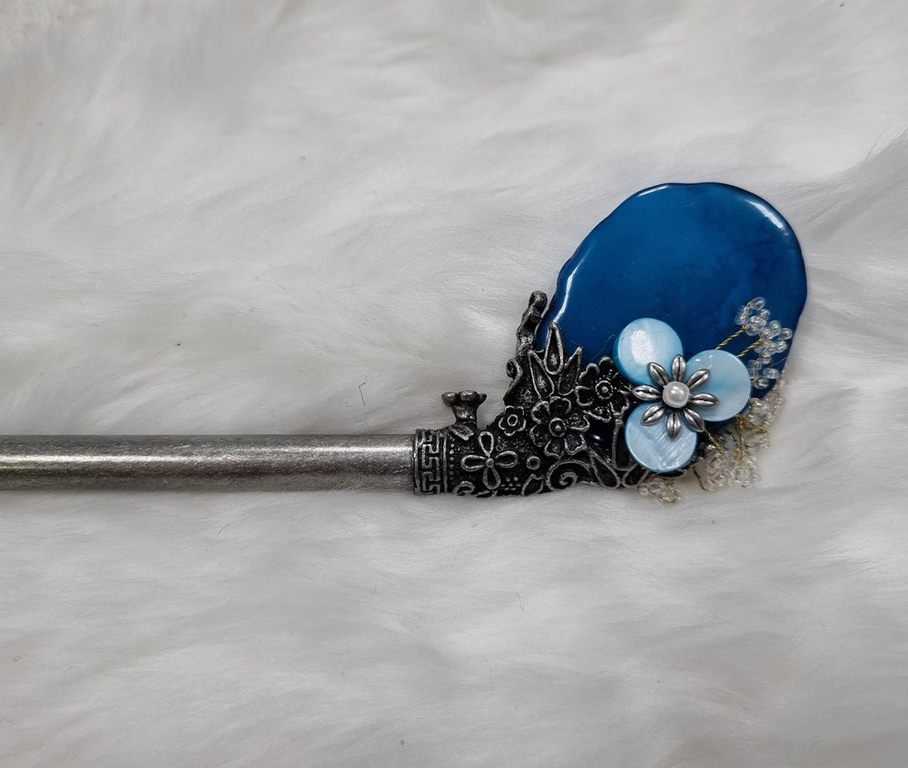 Korea Binyeo 비녀 Hair Accessory for Woman Hanbok Decoration Ornament Natural Stone Blue Flower 24cm 18