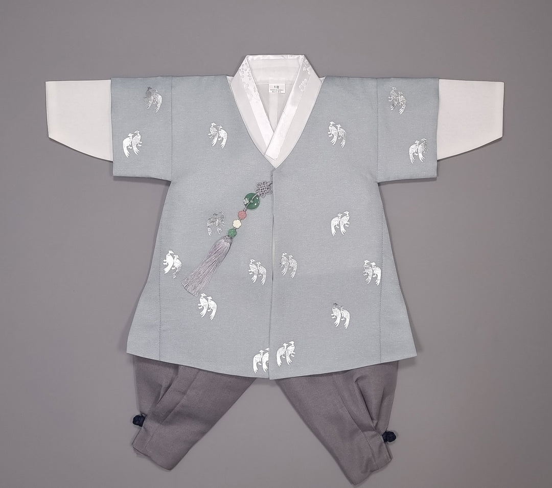 Korean Traditional Boy Baby Hanbok Dol Baikil Party Celebration 100th-10 Ages Blue Bird Silver Print HGB115