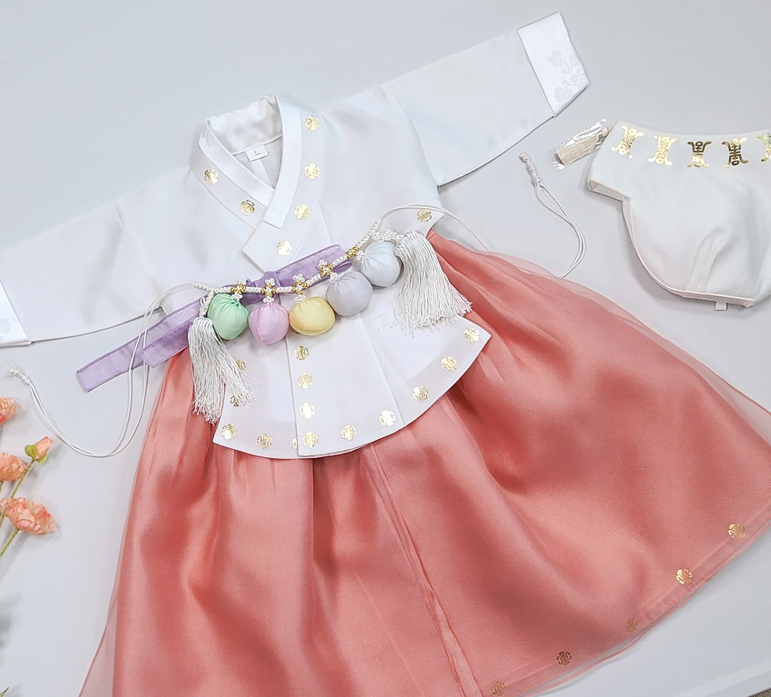 Korea Traditional Hanbok Girl Baby White Gold Print Baikil 1–10 Years 1st Birthday Party GOG208