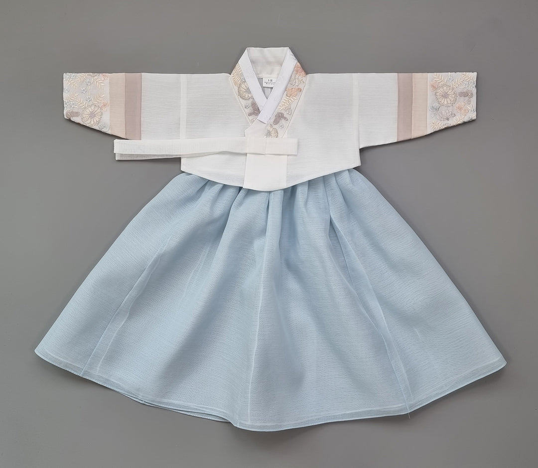Hanbok Girl Baby Korea Traditional Clothing Set First Birthday Celebration Party 100th Birth Celebration 1 - 15 years White Embroidery Blue