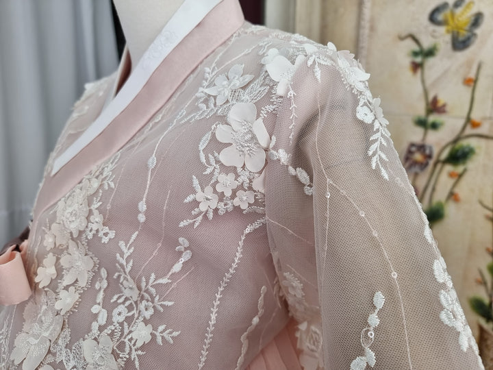 Korean Traditional Woman Personal Custom Hanbok Wedding Party Ceremony Lovely Pink Lace Hanbok Skirt Mom Grandmom Hanbok OSW135