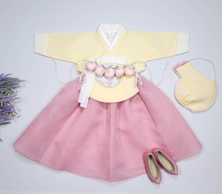 Hanbok Girl Baby Korea Traditional Clothing Set First Birthday Celebration Party 100th Birth Celebration 1–15 years Yellow HG359