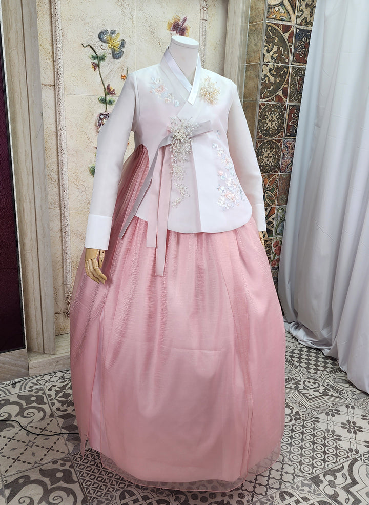 Korean Traditional Woman Personal Custom Hanbok Wedding Party Ceremony Ivory Embroidery Peach Skirt Hanbok 143