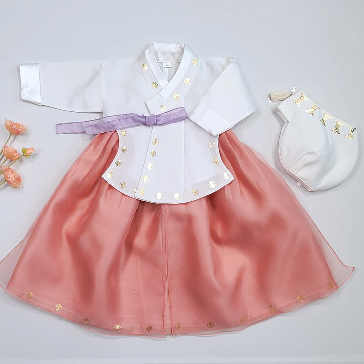 Korea Traditional Hanbok Girl Baby White Gold Print Baikil 1–10 Years 1st Birthday Party GOG208