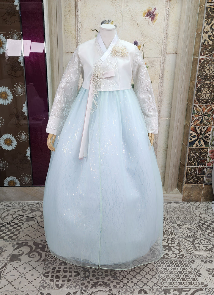 Korean Traditional Woman Personal Custom Hanbok Wedding Party Ceremony White Lace Bead Blue Skirt 147
