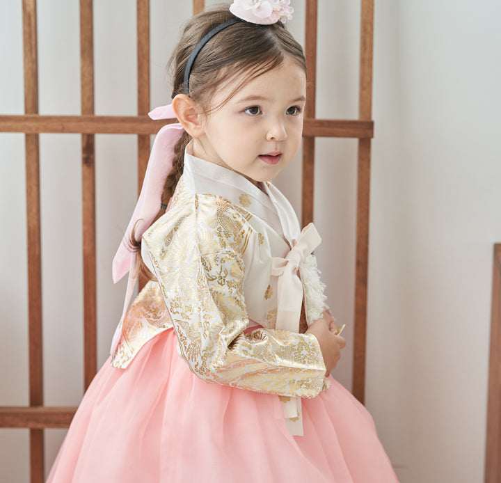 Hanbok Dress Girl Baby Korea Traditional Clothing Set First Birthday Celebration Party Celebration 1–8 Years Ivory Pink Fancy Gold Print OS106