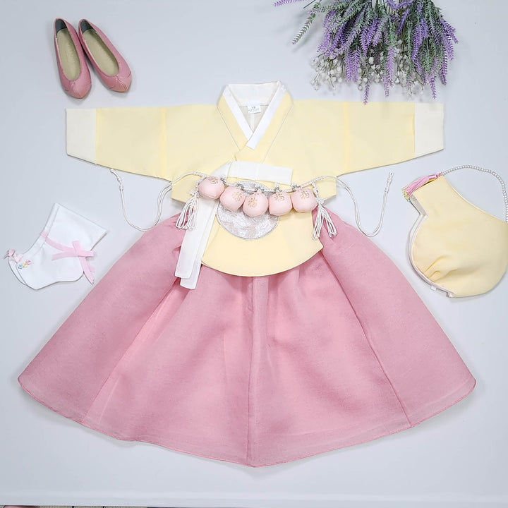 Hanbok Girl Baby Korea Traditional Clothing Set First Birthday Celebration Party 100th Birth Celebration 1–15 years Yellow HG359