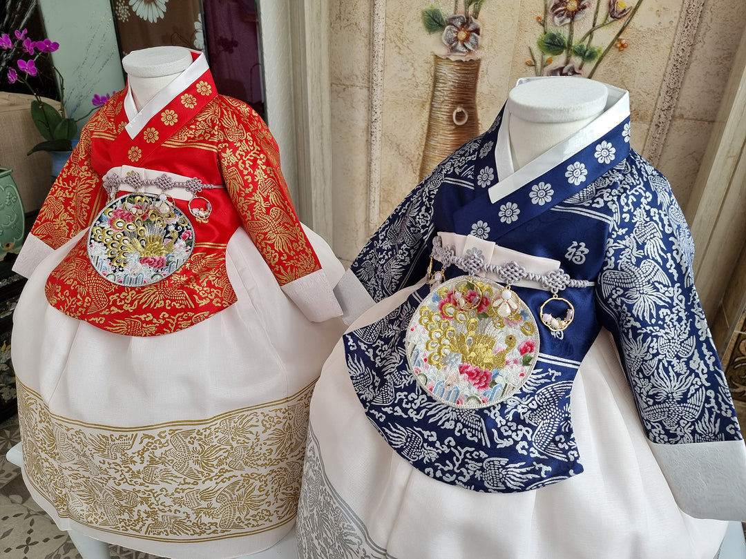 Hanbok Dress Girl Baby Twins Sisters Korea Traditional Clothing Set First Birthday Celebration Party Celebration Navy Red Print OS209