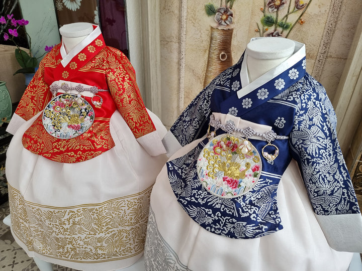 Hanbok Dress Girl Baby Twins Sisters Korea Traditional Clothing Set First Birthday Celebration Party Celebration Navy Red Print OS209