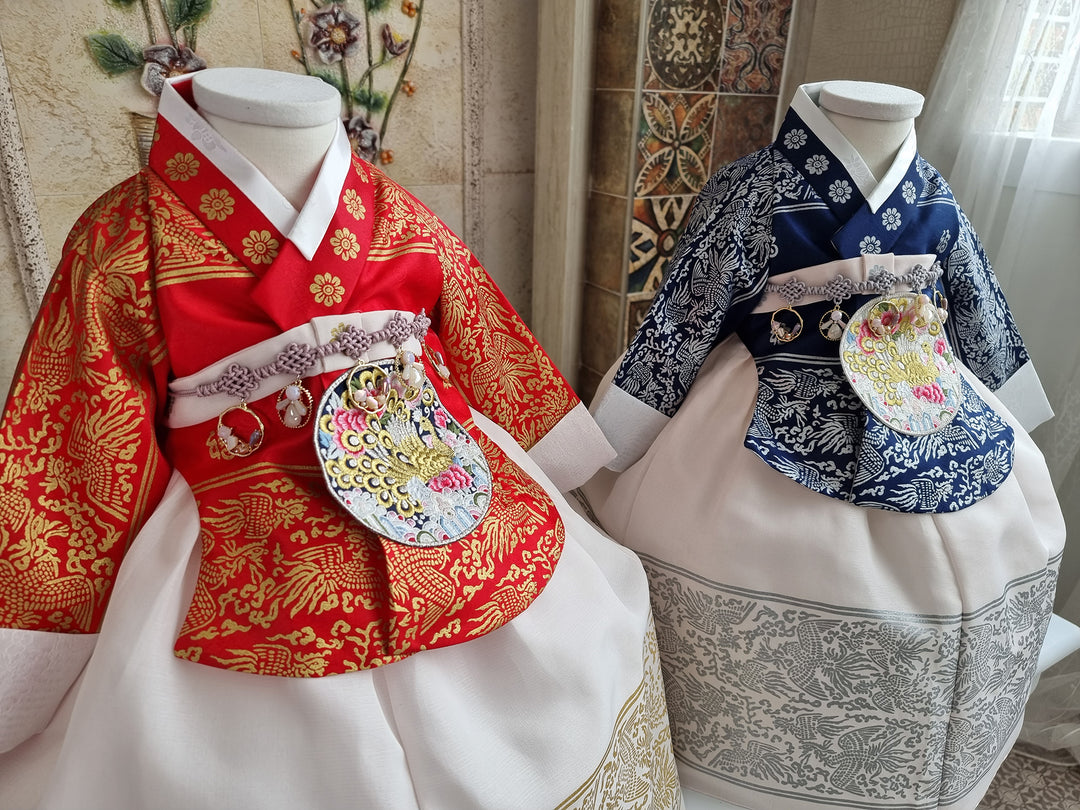 Hanbok Dress Girl Baby Twins Sisters Korea Traditional Clothing Set First Birthday Celebration Party Celebration Navy Red Print OS209