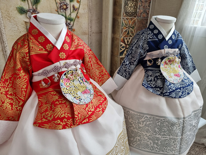Hanbok Dress Girl Baby Twins Sisters Korea Traditional Clothing Set First Birthday Celebration Party Celebration Navy Red Print OS209