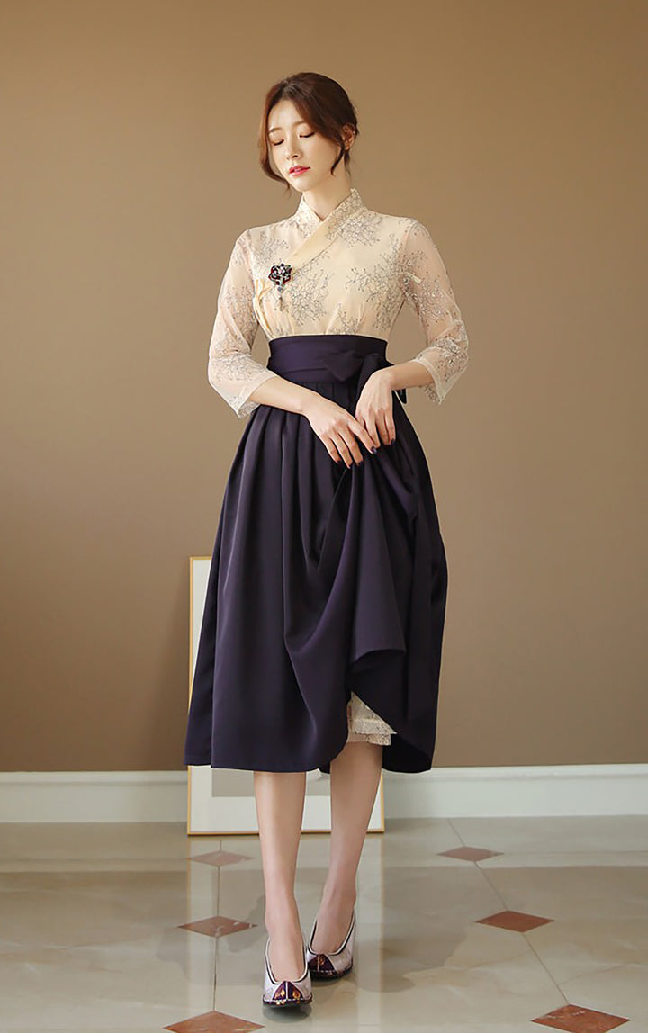 Korean Modern Hanbok White Dress Fancy Casual Daily Clothing Wrapped Design Fusion Hanbok CHD102